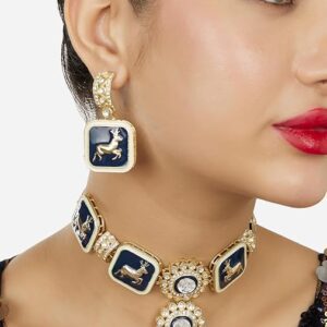 Poojavi Navy Blue & Off White Meenakari Reindeer Choker Necklace & Earring Set For Women