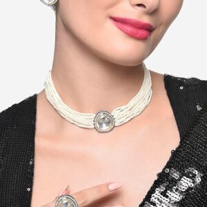 Poojavi  Silver Colour Multistrand Choker Necklace Earring & Ring Set For Women