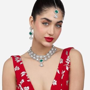Poojavi Green Stones Austrian Diamonds Silver Plated Choker Necklace Earring & Maangtikka Set For Women
