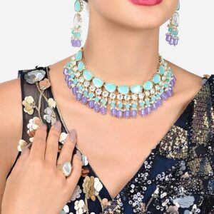 Poojavi Turquoise Blue & Purple Stones Beads Kundan Choker Necklace Earring & Ring Set For Women