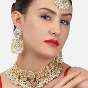 Poojavi Multicolor Crystals Beaded Multistrand Lotus Meenakari Choker Necklace Earring & Ring Set For Women