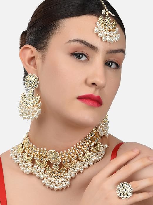 Poojavi Multicolor Crystals Beaded Multistrand Lotus Meenakari Choker Necklace Earring & Ring Set For Women