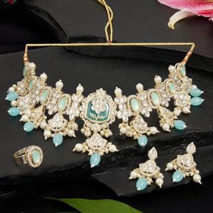 Poojavi Mint Green Stones Turquoise Beads Dazzling Stones Rajwads Necklace Earring Ring Set For Women