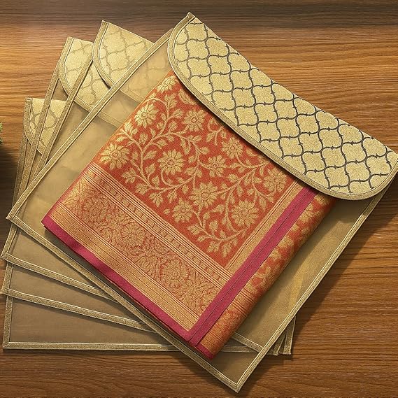 5 Piece Transparent Single Saree Cover With Flap,Suit Packing Plastic Covers For Sadi,Duppata,Clothes Bags,Lehenga,Kurti For Wedding Gifting Or Wardrobe Storage Organizer (Pack Of 5),37 cm,2 cm