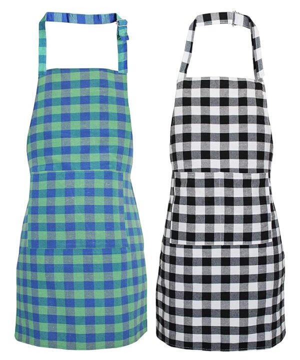 Unisex Kitchen Checkered Design Apron with 2 Front Centre Pocket With Adjustable Neck Strap (Pack Of 2)