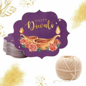Happy Diwali Gift Tags with Jute String ? Watercolour. Pack 50. for hampers, Mithai and Gift Boxes.