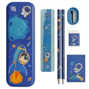 Dream Space Stationery Kit for Kids ? 7-Piece School Supplies Set with Pencil Box,Pencils, Eraser, Sharpener, Ruler & Crayons ? Cute Astronaut & Rocket Theme