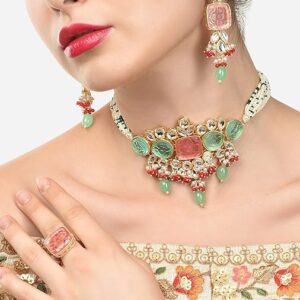 Poojavi Multicolor Stones & Beads Multistrand Beaded Kundan Choker Necklace Earring & Ring Set For Women