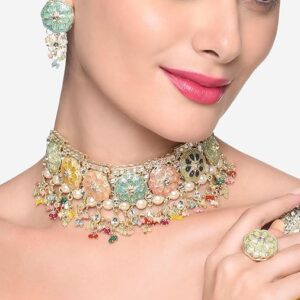 Poojavi Multicolor Meenakari Kundan Beads Choker Necklace Earring & Ring Set For Women