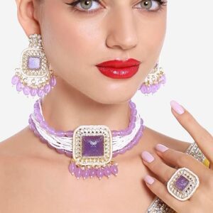 Poojavi Purple Multistrand Kundan Stones & Beads Choker Necklace Earring & Ring Set For Women