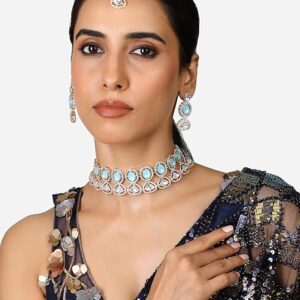 Poojavi Turquoise Blue Stones & Austrian Diamonds Choker Necklace Earring Maangtikka Set For Women