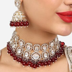 Poojavi Maroon Cluster Beads Dazzling Stones Bridal Choker Necklace & Earring Set For Women