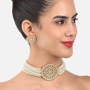 Poojavi Gold Tone Multistrand Pearls Ethnic Choker Necklace & Earring Set For Women