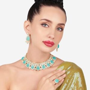 Poojavi Turquoise Blue Kundan & Stones Choker Necklace Earring & Ring Set For Women