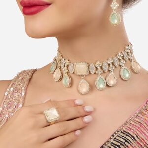 Poojavi Mint Green Peach Stones Teardrop Austrian Diamonds Choker Necklace Earring Ring Set For Women