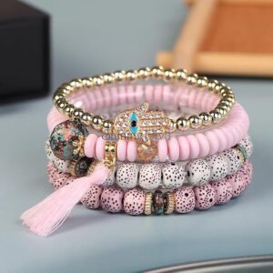 Bohemian Evil Eye Lucky Protection Hamsa Hand Tassel Charm Beaded Bodhi Stylish Multilayer Bangle Bracelet for Women and Girls