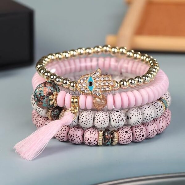 Bohemian Evil Eye Lucky Protection Hamsa Hand Tassel Charm Beaded Bodhi Stylish Multilayer Bangle Bracelet for Women and Girls