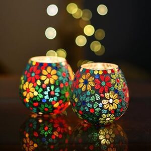 Tealight Candle Holders for Home Decor, Mosaic Glass, Flowers Diwali Decoration Items, Diwali Gift Items, Diwali Decoration Items for Home Decor | Pack of 2