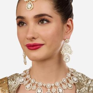 Poojavi Gold Tone Dazzling Stones Austrian Diamonds Necklace Earring & Maangtikka Set For Women