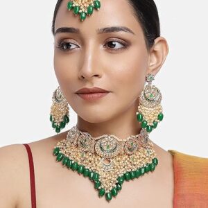 Poojavi Green Meenakari Bridal Choker Necklace Earring & Maangtikka Set For Women