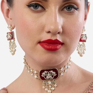 Poojavi Green Stones Dazzling Kundan Choker Necklace & Earring Set For Women