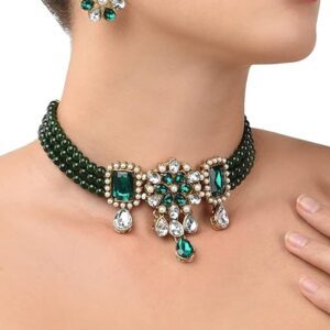 Poojavi Multistrand Green Beads & Stones Traditional Choker Necklace & Earring Set For Women