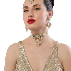 Poojavi Gold Tone Dazzling Kundan Multistrand Pearls Choker Necklace Earring & Maangtikka Set For Women