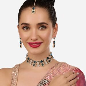Poojavi Blue Stones Dazzling Austrian Diamonds Choker Necklace Earring & Maangtikka Set For Women