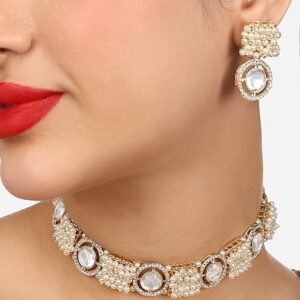Poojavi Gold Tone Dazzling Austrian Diamonds & Clustered Pearls Embellished Necklace & Earring Set For Women