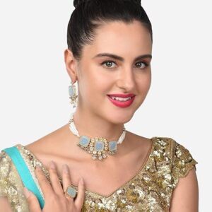 Poojavi Purple Stones Multistrand Pearls Choker Necklace Earring Maangtikka & Ring Set For Wome
