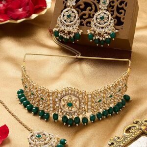 Poojavi Green Beads Dazzling Kundan Choker Necklace Earring & Maangtikka Set For Women