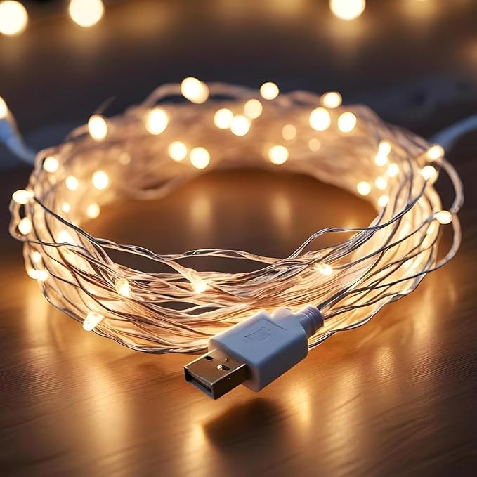 10 Meter LED Copper String Light | USB Powered Fairy Lights | Warm White Decorative Lights for Diwali, Festival, Home, Balcony & Outdoor Decoration, Pack of 1