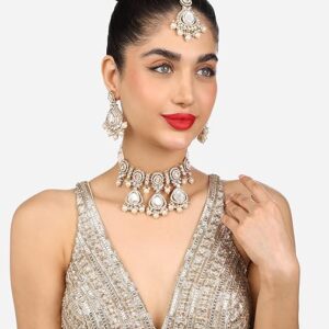 Poojavi Gold Tone Dazzling Stones Multistrand Beaded Choker Necklace Earring & Maangtikka Set For Women