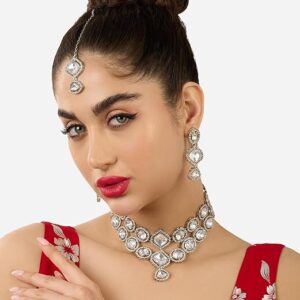 Poojavi Silver Tone Dazzling Stones Embellished Choker Necklace Earring & Maangtikka Set For Women