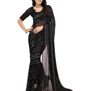 Women's Regular Fit Silver Striped Bollywood Georgette Saree with Matching Blouse Piece | Stylish, Comfortable & Fancy Saree for Weddings, Parties, Casual Outings, Festivals & Gift
