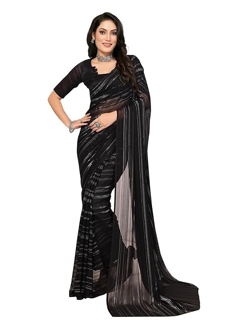 Women's Regular Fit Silver Striped Bollywood Georgette Saree with Matching Blouse Piece | Stylish, Comfortable & Fancy Saree for Weddings, Parties, Casual Outings, Festivals & Gift