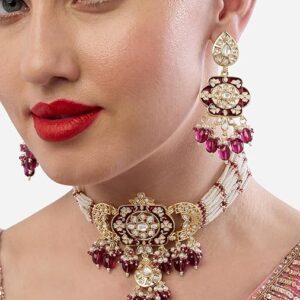 Poojavi Meenakari Multistrand Austrian Diamonds Embellished Choker Necklace & Earring Set For Women