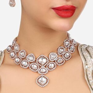 Poojavi Rose Gold Dazzling Austrian Diamonds Embellished Choker Necklace & Earring Set For Women