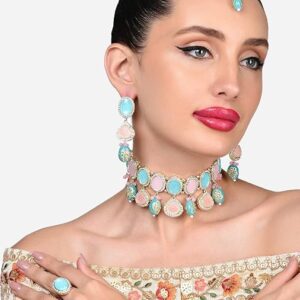 Poojavi Turquoise Blue Pink Ethnic Choker Necklace Earring Maangtikka Ring Set For Women