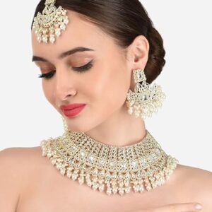 Poojavi Gold Tone Bridal Kundan Choker Necklace Earring Maangtikka & Ring Set For Women