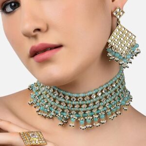 Poojavi Green Beads Traditional Kundan Choker Necklace Earring & Ring Set For Women