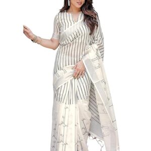 Poojavi Women's Cotton Linen Printed Saree with Unstitched Blouse Piece