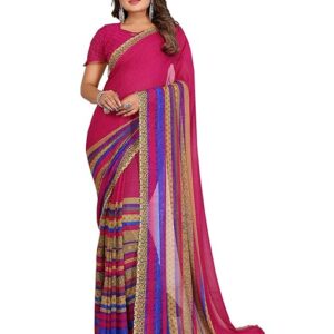 Women's Regular Fit Printed Paisley, Striped Georgette Saree with Matching Blouse Piece | Stylish & Attractive | Fancy Saree for Parties, Weddings, Festivals & Casual Outings (Red)