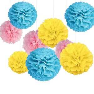 Rubber;Paper Pom Pom for Decoration, Pink; Yellow; Blue, Set of 9