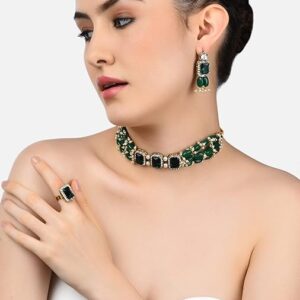 Poojavi Green Beads Ethnic Choker Necklace Earring & Ring Set For Women