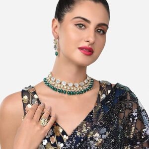 Poojavi Green Beads Statement Kundan Choker Necklace Earring & Ring Set For Women