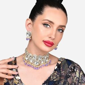 Poojavi Purple Beads Drop Kundan Bridal Choker Necklace & Earring Set For Women