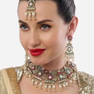 Poojavi Multicolor Dazzling Stones Beads Drop Necklace Earring & Maangtikka Set For Women