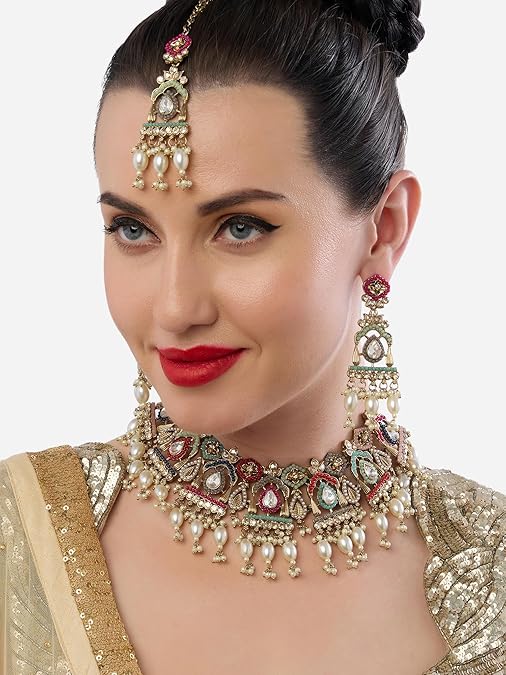 Poojavi Multicolor Dazzling Stones Beads Drop Necklace Earring & Maangtikka Set For Women