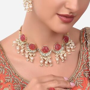 Poojavi Pink Flower Stones Kundan Crescent Choker Necklace Earring & Ring Set For Women